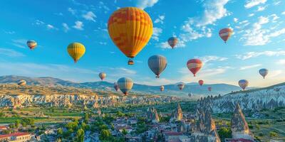 Hot air balloons floating over Cappadocia, Turkey